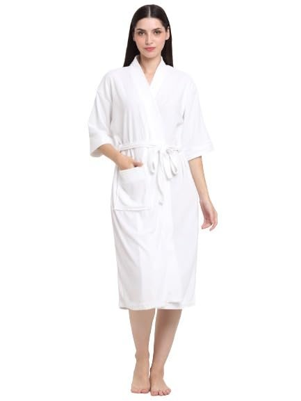 CREEVA Everyday Unisex Micro Terry Bathrobe Collection With kimono collar and 1 Pocket, 3/4 Sleeve Bath Robe Super Soft Light Weight - White