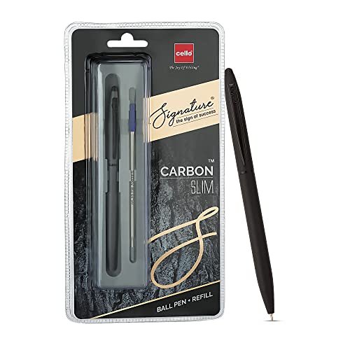 Cello Signature Carbon Slim+Refill Pack | Blue Ink |1 Ball Pen + 1 Refill |Matte Black Finish | Premium Metal Pens for Office Use |Stylish Gifts for Men & Women |Corporate Gifting