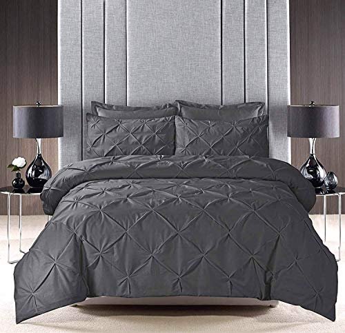 Cloud Fino Cotton 600 Thread Count, Luxurious Pleated Design Duvet Cover |1 Duvet Cover with 2 Pillow Shams 17" x 27" |Queen|King|Twin|Double Bed|Single Bed Sizes (King, Dark Grey)