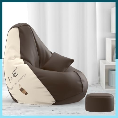 ComfyBean Bag with Beans Filled XXXL Bean Bag with Free Cushion and Footrest - Official : BeanCanvas Combo (Matching Color : Printed, e=mc2 Brown Cream)