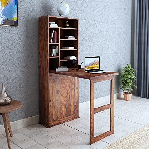 Corte Clasico Solid Sheesham Wood Wall Mounted Foldable Writing Study Table For Adults & Students With Storage For Home & Offic - Natural Finish