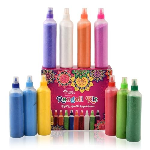 CraftVatika Rangoli Colour Powder Tube Kit Diwali Decoration Items Bottles Tool Floor Art Rang for Home Navratri Pongal Pooja Mandir Decor (Set of 10)