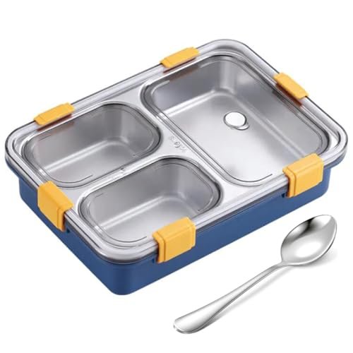 Darkpyro 3 Compartment Stainless Steel Lunch Box, Leakage Proof Lunch Box for School Kids and Adults Pack of 1 Blue,750ML