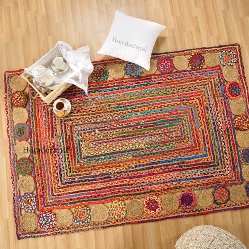 HOMDECLOYAL® Home Decor Jute Handloom Rug Floor Mat, Farmhouse Area Rugs, Vintage Boho Floor Decor for Living/Dining Room for Kitchen Entryway Pets Playing Rugs - Natural (4 feet x 6 feet, C-1)