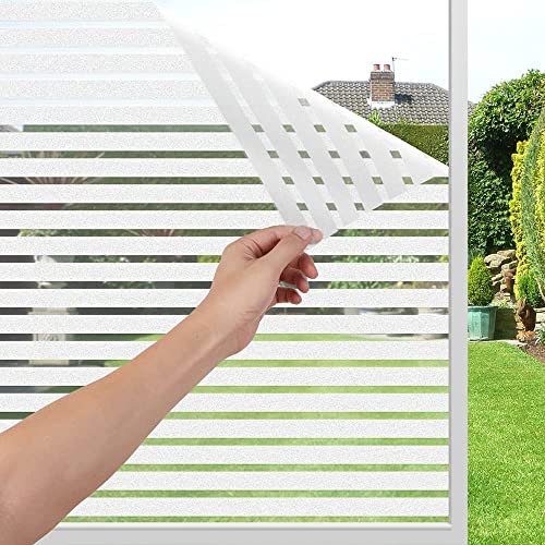 HOME13™ Frosted Glass Window Film Self Adheisve Decoartive Window Privacy Film Heat Control Static Cling Removable Vinyl Window Sticker For Home Office (16"x50" Inch, Frosted Stripe)