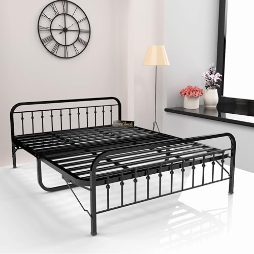 Honey Touch Double Bed | Folding Style No Assembly Required (Black) (4Ft X 6.25Ft) (Without Mattress) - Metal, Powder Coated