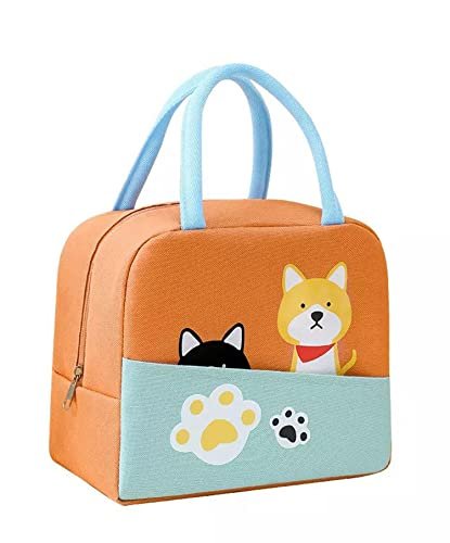 House of Quirk Insulated Reusable Lunch Bag Tote Bag For Women Printed Lunch Bag For School Picnic (Orange/Blue/Black Cat Yellow Dog(Oxford Cloth+Thermal Insulation Material), 5 Liters