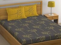 Huesland by Ahmedabad Cotton 144 TC Cotton Bedsheet for Double Bed with 2 Pillow Covers - Grey and Yellow