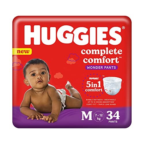 Huggies Complete Comfort Wonder Pants Medium (M) Size Baby Diaper Pants, 34 count, with 5 in 1 Comfort