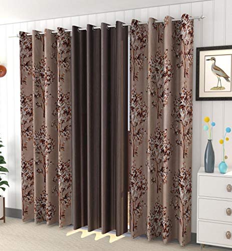 Impression Hut Polyester Blend Long Crush Heavy Tree Printed + Plain Curtain for Window (Brown, 4 Feet x 5 Feet) - 3 Pieces