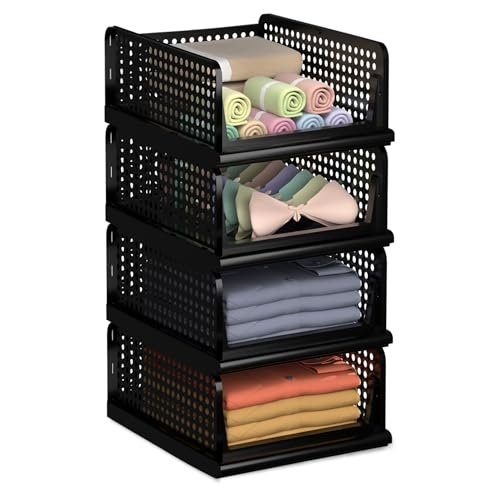 Kuber Industries Pack of 4 Storage Organizer | Wardrobe Organizer For Clothes | Cloth Organizer | Foldable Shirt Stacker Box | Cloth Box for Almirah | Closet Storage Basket | Large | Black