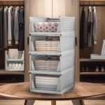 Kuber Industries Storage Organizer | Wardrobe Organizer For Clothes | Cupboard Organizer | Foldable Shirt Stacker Box | Cloth Box for Almirah | Closet Storage Basket | Large | Pack of 4 | Gray