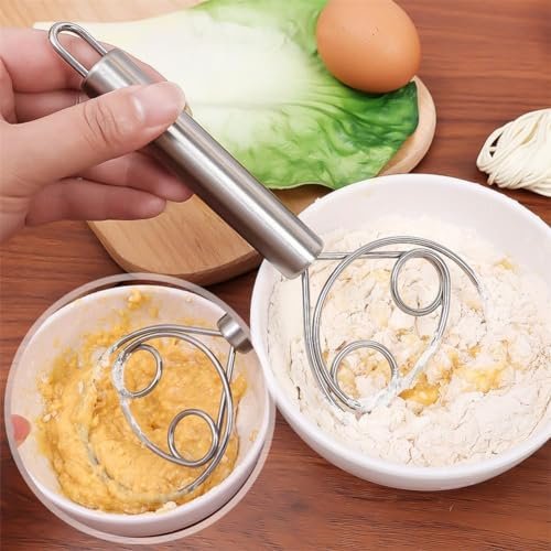 Kunya Stainless Steel Dough Whisk Manual Bread Whisk Non-Slip Heat Resistant Danish Dough Whisk,Dough Mixer Hand Tool for Bread, Batter and Pastry.(Pack of 1)