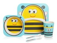 LuvLap Bamboo Baby Tableware, Eco Friendly Bamboo Fiber Dinner Set for Weaning Toddler/Kids, Self Feeding Baby Utensil Set of 5Pcs, 1 X Plate, 1 Xbowl, 1 X Glass, 1 X Spoon, 1 X Fork (Bee) Multicolor