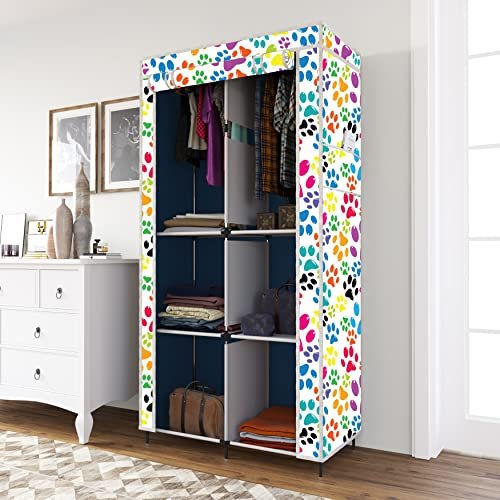 Maison & Cuisine® Printed Collapsible Wardrobe Portable Foldable Closet for Clothes Almira, 2 Hanging Space, 6 Shelves, 1 Side Pocket Non-Woven Fabric 100 GSM (2003-1 Dog Blue)