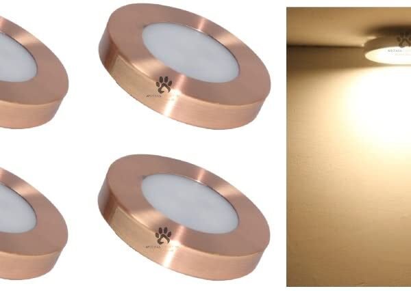 Mufasa 3 Watts Rose Gold Finish 6CM DIAMETER Led Surface Panel, Cabinet, Wardrobe Light, Slim Round Style Flush Mount Ceiling Lamp, Pack of 4 (Please Check Dimensions Image) (Warm White,Aluminum)