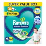 Pampers All Round Protection Pant Style Baby Diapers, X-Large (XL), 168 Count, 12-17kg, Anti Rash Blanket, Lotion with Aloe Vera Diapers