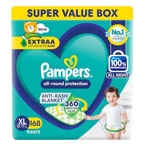 Pampers All Round Protection Pant Style Baby Diapers, X-Large (XL), 168 Count, 12-17kg, Anti Rash Blanket, Lotion with Aloe Vera Diapers