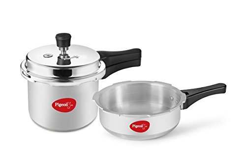 Pigeon by Stovekraft Mini Combi Aluminium Pressure Outer Lid Cooker Set, 2 and 3 Litres with Common Lid (12610) - Silver