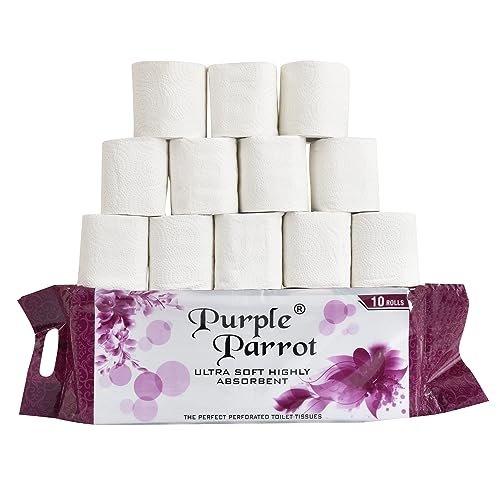 Purple Parrot Toilet Tissue Paper Roll 2 Ply Pack of 10 Rolls Each roll 250 Sheet Natural Virgin Pulp | Quick Water Absorption