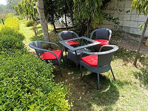 Ratan Indai Patio Seating 4 Chair and 1 Table Set with Glass Wicker Furniture Set for Balcony Outdoor Patio Indoor Living Room, Powder Coated Frame UV Protected Wicker with Red Cushions (bleck