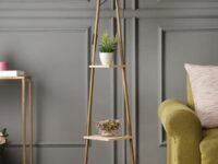 SANDED EDGE - SMARTLY PRICED Castle 3 Tier Shelf Storage Floor Lamp with Natural Wood Color Shelf and Gold Color Metal Legs with Beige Color Oval Shade for Home Décor and Living Room Pack of 1