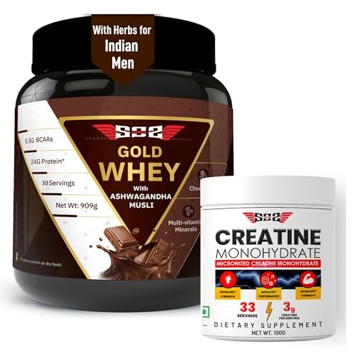 SOS Nutrition Whey Protein Powder for Men, GOLD Whey for Muscular Lean Body, 24g Protein/Day, 5.5g BCAAs, Ashwagandha, Kali Musli, Multivitamins (Chocolate, 910g)