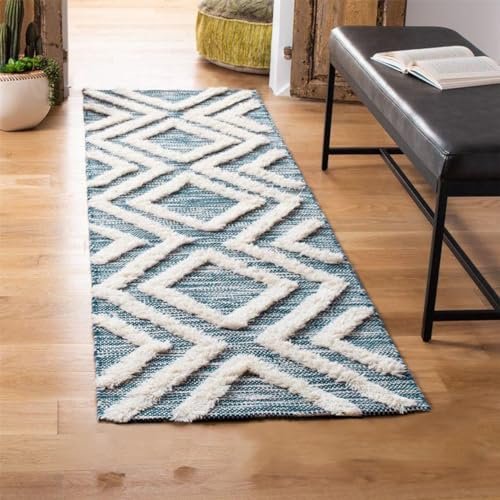 STONEMUNK Hand-Woven Cotton Tufted Diamond Pattern Carpet Runner 2x5 Feet Runner for Bedrrom | Living Room | Hall | Kitchen | Guestroom | Restuarant - (2x5 Feet, Blue - T)