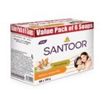 Santoor Skin Softening Sandal & Almond Milk Bathing Soap with Nourishing & Anti-Aging Properties| For Smooth & Soft and Younger-Looking Skin| For All Skin Types| 150g, Pack of 6