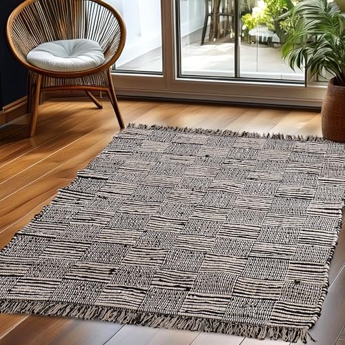 The Furnishers Handmade Black 4 x 6 Feet Cotton & Jute Fashion Floor Carpet Reversible Rug Mat for Centre Table Living Room, Bedroom, Dining, Hallway, Restaurant Size 121 x 182 Cm Rectangle