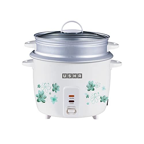 USHA RC18GS2 Steamer 700 W Automatic Rice Cooker| 1.8 L with Powerful Heating Element, Keep Rice Warm for 5 Hrs ,Steamer, Tempered glass lid , 2 years on product & 5 years on heating element(White)