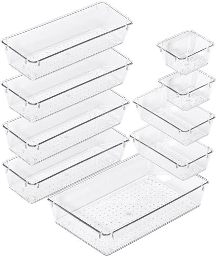 Zeinwap Desk Drawer Organizers Trays Set Clear Plastic Storage Bins Bathroom Drawer Tray Dividers Vanity Trays Organizer for Bedroom Dresser Makeup Kitchen Utensil Office (Set of 9)