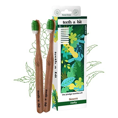 teeth-a-bit The Pledge Therapeutic Neem Toothbrush Adult Hefty Handle with Gum Sensitive Soft Bristles Pack of 2 (Forest Green)