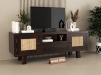 wood affair Sheesham Wood TV Unit for Living Room | Media Console Movable Tv Cabinet | Free Standing Tv Unit with 2 Door, Drawer & Shelf Storage | Sideboard Cabinet | Cane, Walnut Finish