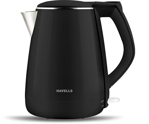 Havells Electric Kettle Aqua Plus 1250 Watts 1.2 liters , Double Layered Cool Touch Outer Body | 304 Rust Resistant SS Inner Body with Auto Shut Off | Wider Mouth | 2 Yr Manufacturer Warranty (Black)