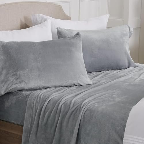 The Little Big Store Flannel Warm Elastic Fitted Double bedsheet Cotton King Size for Winter King Size(78X72X8 Inch) with 2 Pillow Covers Size (18x28 Inches) (Gray)