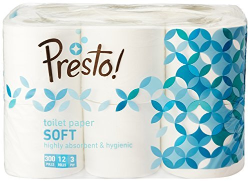 Amazon Brand - Presto! 3 Ply Toilet Paper Roll | 3600 Pulls | 300 Pulls X 12 Rolls | Soft And Highly Absorbent | 100% Natural Virgin Cellulose Fiber