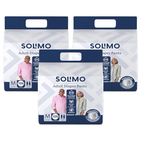 Amazon Brand - Solimo Adult Diapers Pant Style Medium (M) Size, 30 Count | 60-115 cm (24'' - 45'') | with Fast absorption, Leak Proof, Unisex