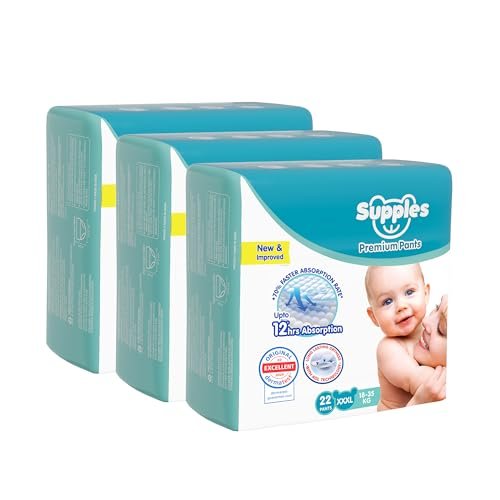 Amazon Brand - Supples Premium Baby Diaper Pants | 66 Baby Diapers | XXXL | 18-35 Kg | 22 x 3 Packs | 12 Hrs Absorption | Cushiony Cotton Soft Fabric | Phthalates-Free | Triple Leak Guard