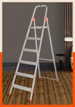 Bathla Safex 6-Step Foldable Aluminium Ladder for Home | Anti-Slip Steps | Edge Guards | 5 Year Manufacturer Warranty | with Sure-Hinge Technology (Orange)