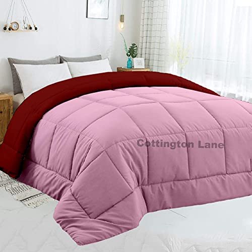 Bright Décor All Season 150 GSM-3PcsDouble-Reversible Bed Comforter/Quilt/Blanket/Rajai - Down Alternative Quilted Duvet Insert with Corner Ties - Winter Warm - Machine Washable_Pink and Red