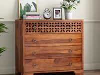 Credenza Handcrafted Sheesham Wood Dressers Chests of 4 Drawers | Kitchen Crockery Cabinet Unit Sideboard Storage Cabinets Bedroom Furniture Wooden Walnut Finish