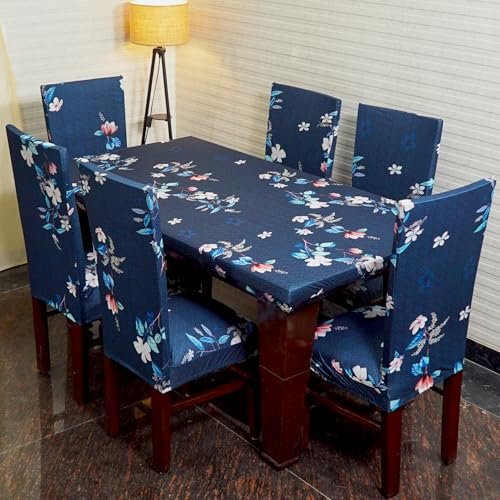 ELEGANTA Dining Table Cover with Chair Covers (4 Seater Set), Stretchable Dining Chair Covers Set of 4 with Matching Elastic Table Cover (1 Table Cover + 4 Chair Covers), Dark Blue Lotus