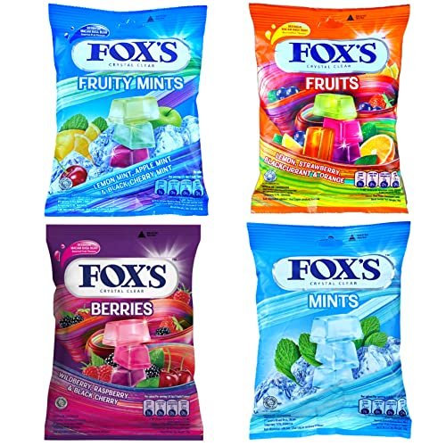 Fox's Crystal Clear Candy- Mints Candy, Fruits Candy, Berries Candy And Fruity Mints Candy 90 Grams Each- Combo Pack Of 4