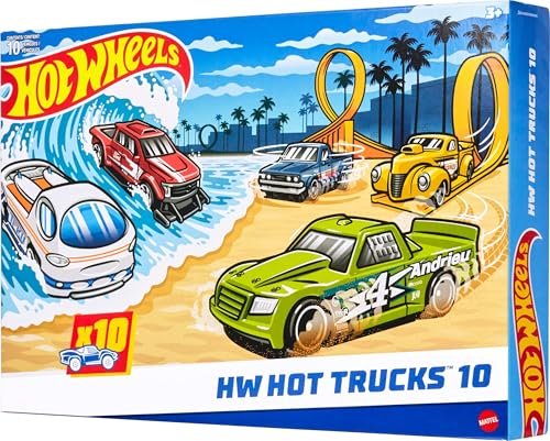 Hot Wheels 1:64 Scale Toy Trucks, Set of 10 Die-Cast Stunt, Utility, Racing & Other Toy Pickup Trucks or Vans, Modern & Retro Models (Styles May Vary)