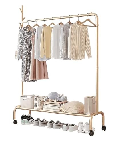 Lukzer Multipurpose Heavy-Duty Single Pole Metal Garment Rack with Wheels 1 Bottom Shelf Clothing Stand Cloth Storage Organizer (172 x 120 x 34cm/Gold)