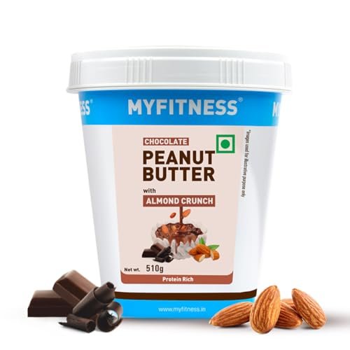 MYFITNESS Peanut Butter Chocolate Spread with Almond Crunch 510g | 25g Protein & 9g Fiber | Tasty & Healthy Nut Butter Spread for Breakfast | Cholesterol Free | Zero Trans Fat | Crunchy Peanut Butter