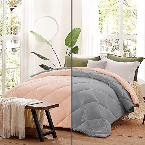 Machine Washable Comforter Single bed Single Size Microfiber 200gsm Diamond Stitch Reversible AC Comforter (60" x 90" Inches/152cm x 228cm) Blanket Quilt Rajai- Single Comforters|Silver/Peach