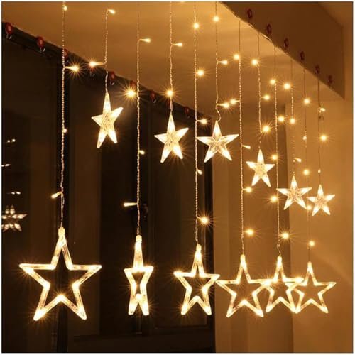 One94Store 12 Stars 138 Led Curtain String Lights Window Curtain Lights With 8 Flashing Modes Decoration For Diwali,Christmas,Wedding,Home,Patio Lawn Warm White-3 Meters(138 Led-Star,Copper,Pack Of 1)