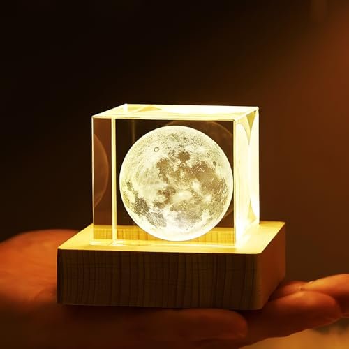One94Store 3D Crystal Cube Moon Lamp, Creative Engraved Crystal Ball Night Light, USB Table LED Wooden Crystal Lamp for Home Office Decoration Birthday Gift Adults (Warm White)